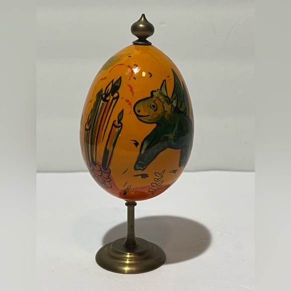 VTG Russian Lacquer Wood Egg Oil Painted Baby Dragon Birds Candles HTF Easter - Picture 3 of 11